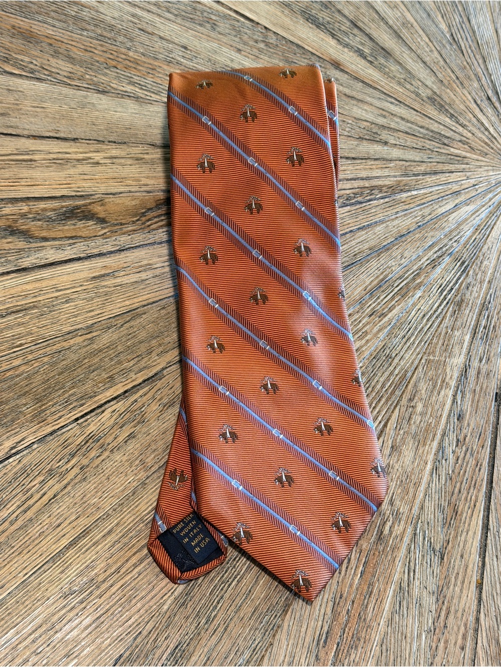 Brooks Brothers Golden Fleece Logo Fall Silk Tie Orange Blue Stripe Made USA